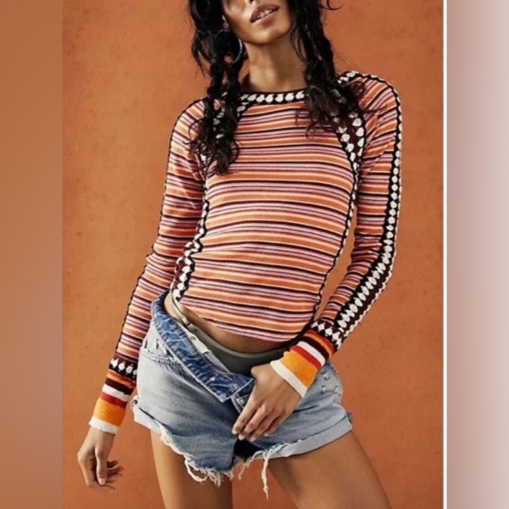 NWOT XS Free People Sunny Day Cuff Waffle Trim Stripe Top
